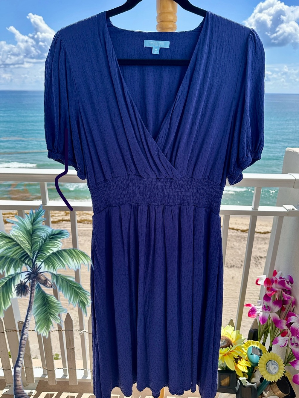 Draper James Navy Blue V‑Neck Smocked Waist Midi Dress